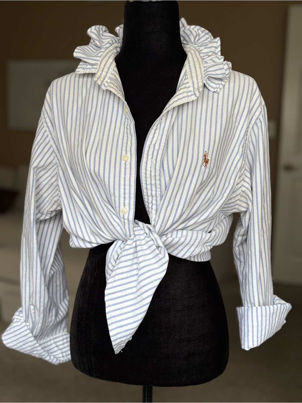 Reworked Ralph Lauren Blue Stripe Ruffle Collar Button-Up Top - Picture 4 of 15